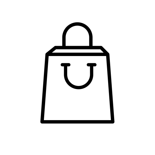 Ein einfaches, schwarzes Icon einer Einkaufstüte mit Griffen, dargestellt in einer schwarzen Linie auf weißem Hintergrund, symbolisiert Einkaufen oder eine Einkaufstasche.