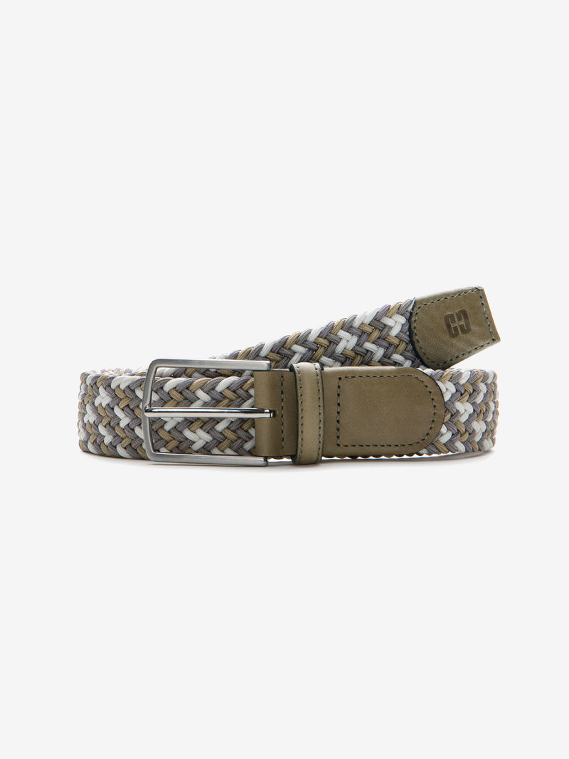 Beiger-blauer Stretch-Gürtel von Club of Comfort mit Two-Tone-Flechtband, Logoprägung in der Lederspitze, silberfarbener Metallschließe, Breite 3,4 cm, Länge 90-125 cm, sportlich, ganzjährig, aus Polyester.