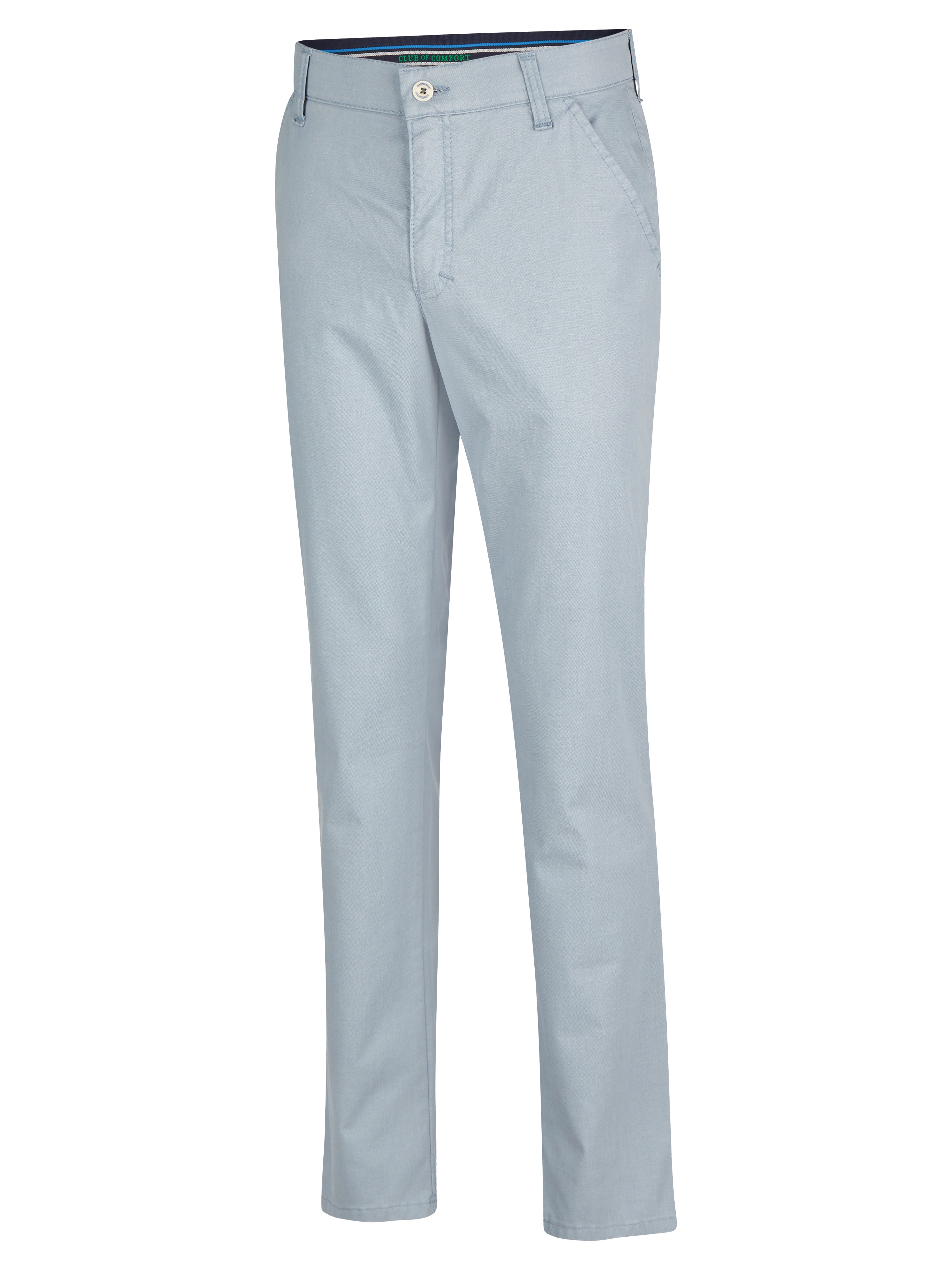 Hellblaue Flat Front-Hose von Club of Comfort, aus elastischer High Stretch-Baumwoll-Mikrostruktur mit Coolmax EcoMade, Regular Fit, mit Komfortbund, Hemdstopper und Münztasche, nachhaltige Produktion, geeignet für Frühjahr/Sommer.
