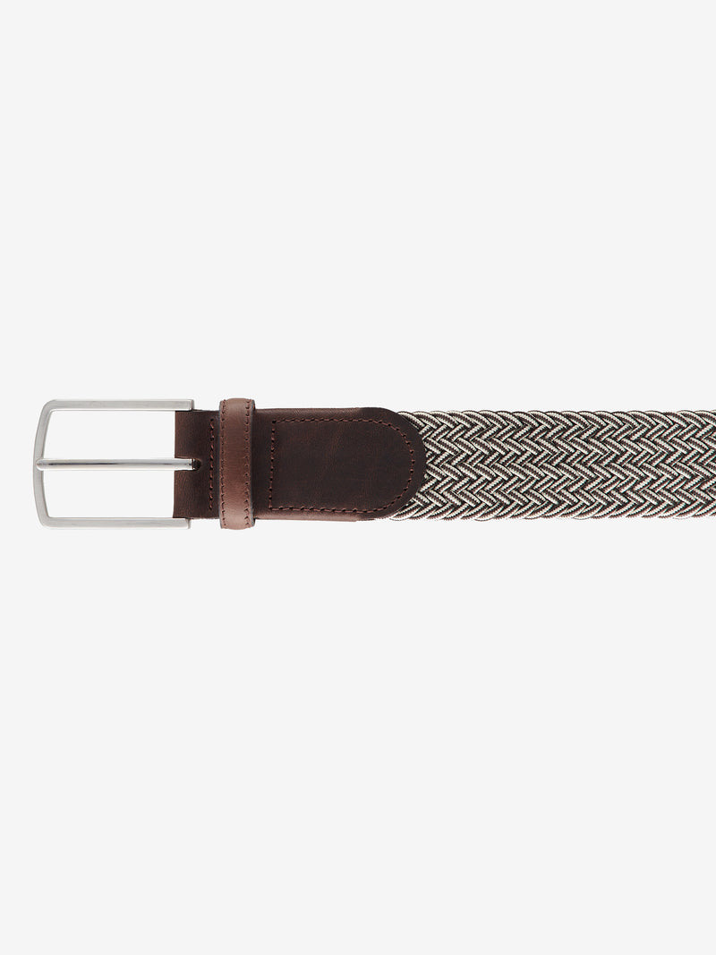 Brauner Stretch-Gürtel von Club of Comfort mit Two-Tone-Flechtband, Logoprägung in der Lederspitze und polierter Metallschließe, Breite 3,4 cm, Länge 90-125 cm, sportlich, für Regular-Figur, aus Polyester, ganzjährig.