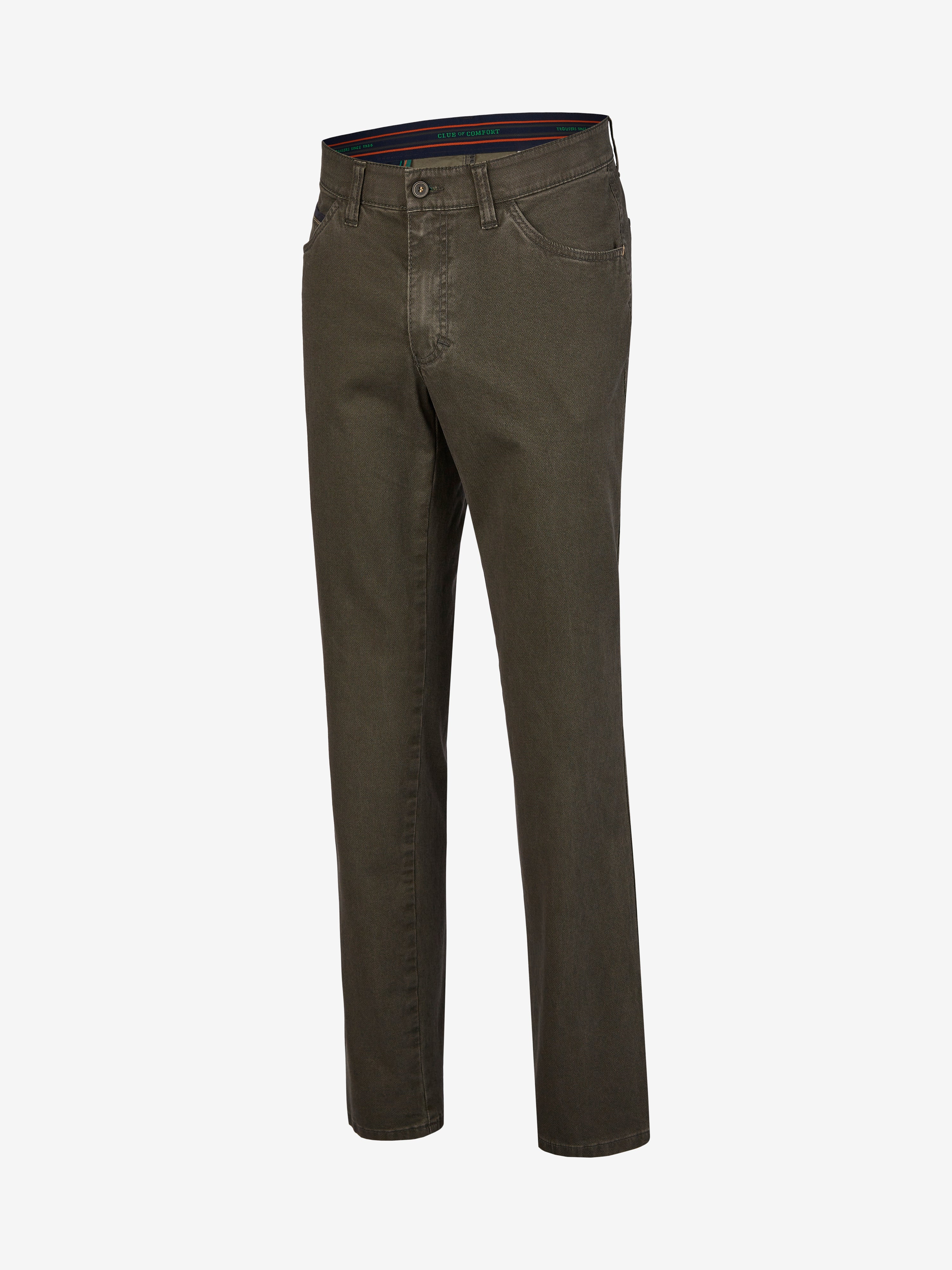 Hose MARVIN 7611 in Steingrau, aus elastischer Baumwolle mit Struktur-Print, Regular Fit, mit Comfortbund, Hemdenstopper, Swing-Pockets, modifizierte 5-Pocket-Form, sportlichem Akzent durch Münztasche mit Kontrast, hergestellt von Club of Comfort für Herbst/Winter.