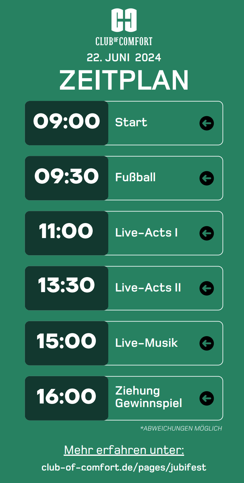 Ein Bildschirm mit dem Zeitplan für den Club of Comfort JubiFest am 22. Juni 2024. Der Plan enthält die Startzeit um 09:00 Uhr, Aktivitäten wie Fußball um 09:30 Uhr, Live-Acts I um 11:00 Uhr, Live-Acts II um 13:30 Uhr, Live-Musik um 15:00 Uhr und die Ziehung des Gewinnspiels um 16:00 Uhr. Jede Aktivität ist mit einer Zeitangabe und einem Pfeil gekennzeichnet. Das Design ist grün mit weißen Texten und schwarzen Infokästen.