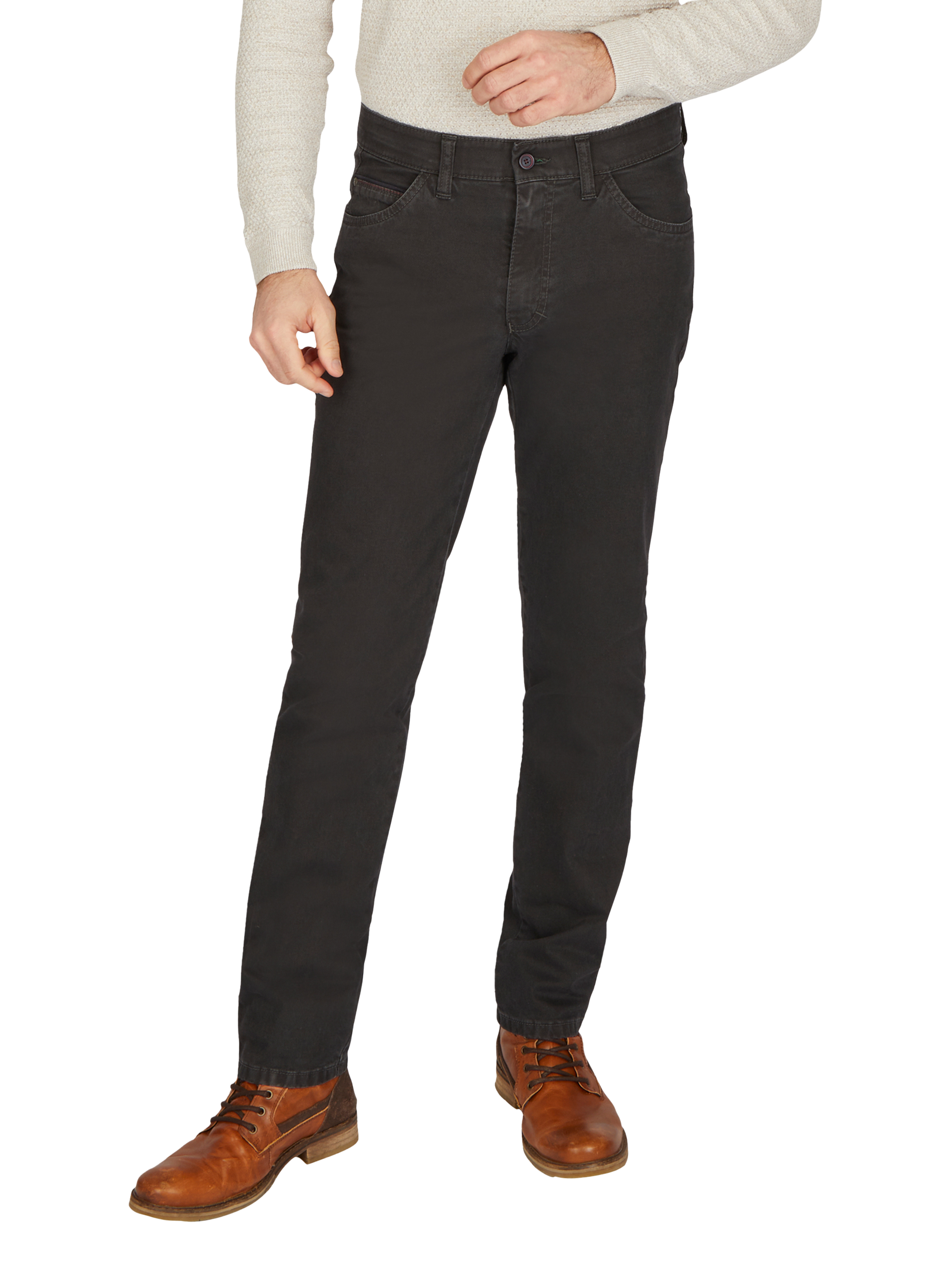 Schwarze MARVIN 7611 Hose in Regular Fit mit elastischem Comfortbund, Hemdenstopper und Münztasche mit Kontrast, gefertigt aus hochelastischer Baumwolle mit maskulinem Struktur-Print, Modell mit normaler Leibhöhe, schlankem Bein und schmaler Fußweite, ideal für Herbst/Winter, von Club of Comfort.