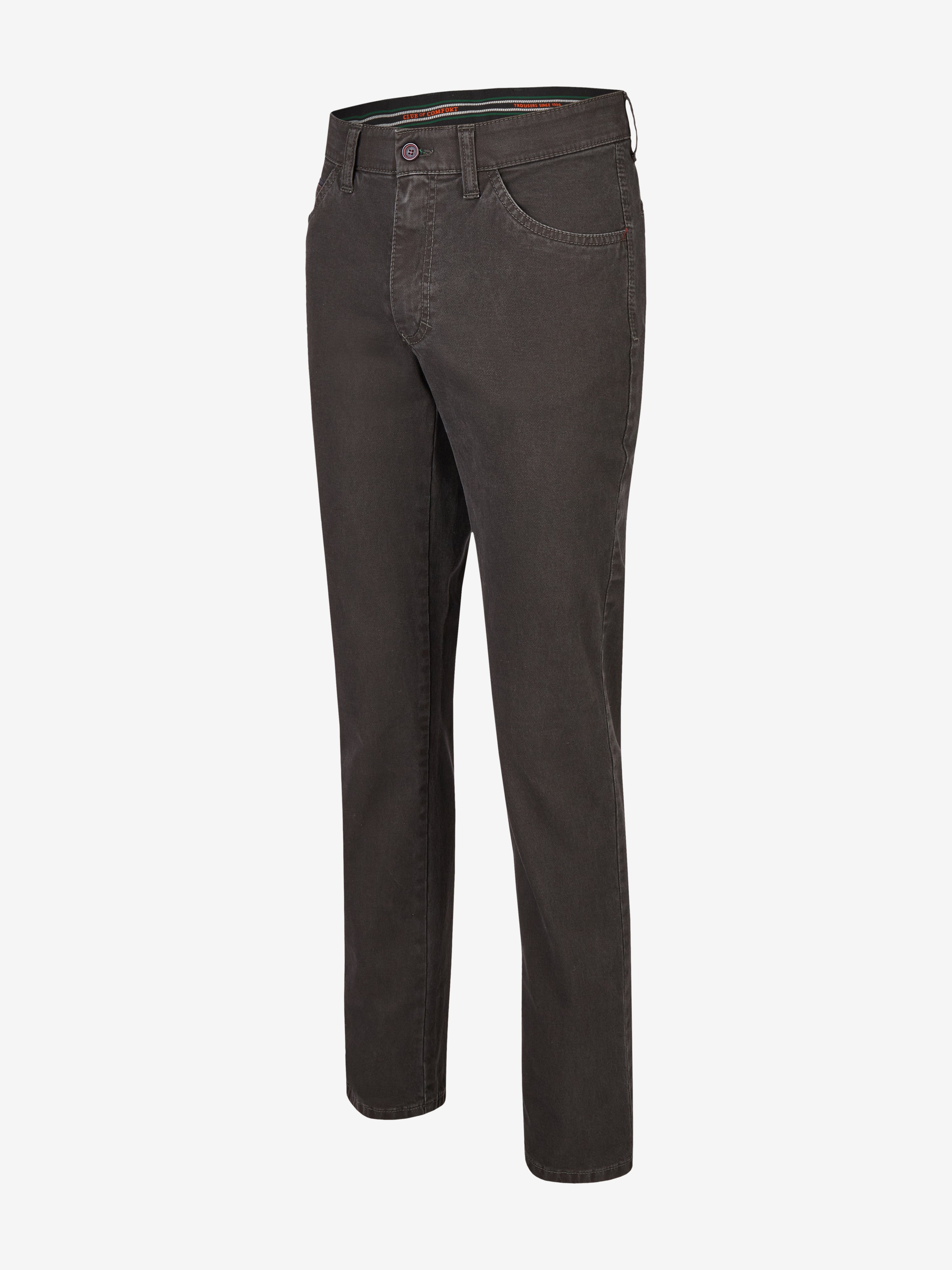 Dunkelgraue Herren-Hose MARVIN 7611 von Club of Comfort mit elastischem Comfortbund, Hemdstopper, modifizierter 5-Pocket-Form, aus hochelastischer Baumwolle mit maskuline Struktur-Print, Regular Fit, schmaler Fußweite, für Herbst/Winter, mit Sport-Detaillierung durch Kontrast-Münztasche.