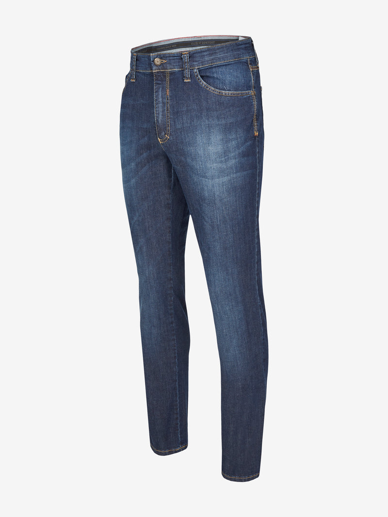 Blaue, gewaschene 5-Pocket-Jeanshose "HENRY 6516" von Club of Comfort mit elastischem Doppelstoffbund, Hemdstopper, separater Mobile Pocket, Münztasche mit Kontrast-Patch, super High Stretch-Denim, regulärer Fit, normale Leibhöhe, schlankes Bein, made in Green by Oeko-Tex, geeignet für Ganzjahres.